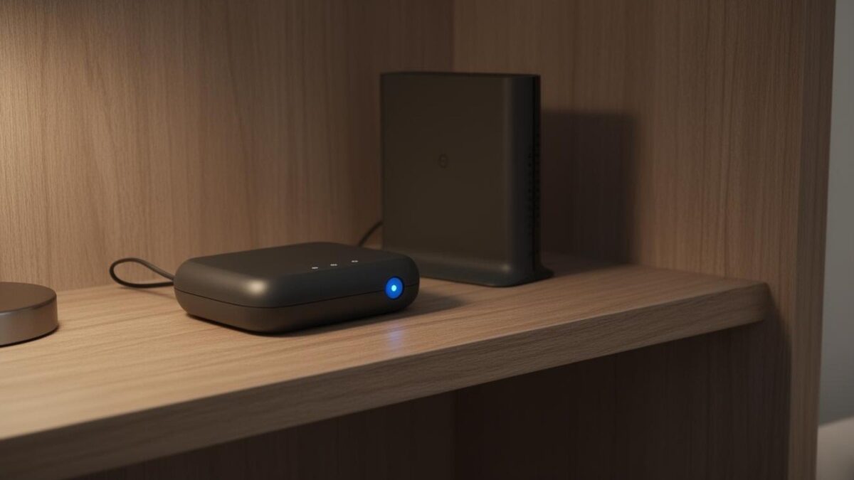 Router and modem on a shelf with a small blue light glowing