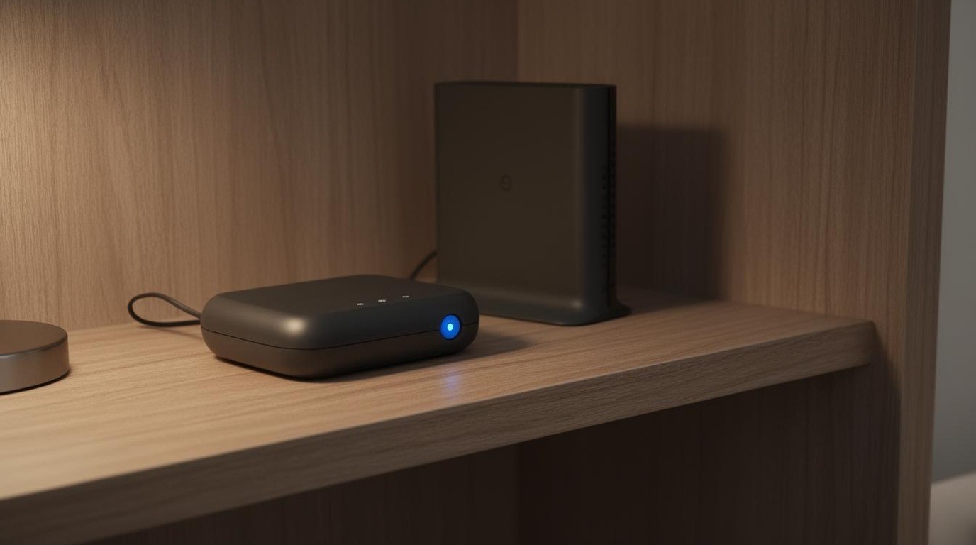 Router and modem on a shelf with a small blue light glowing