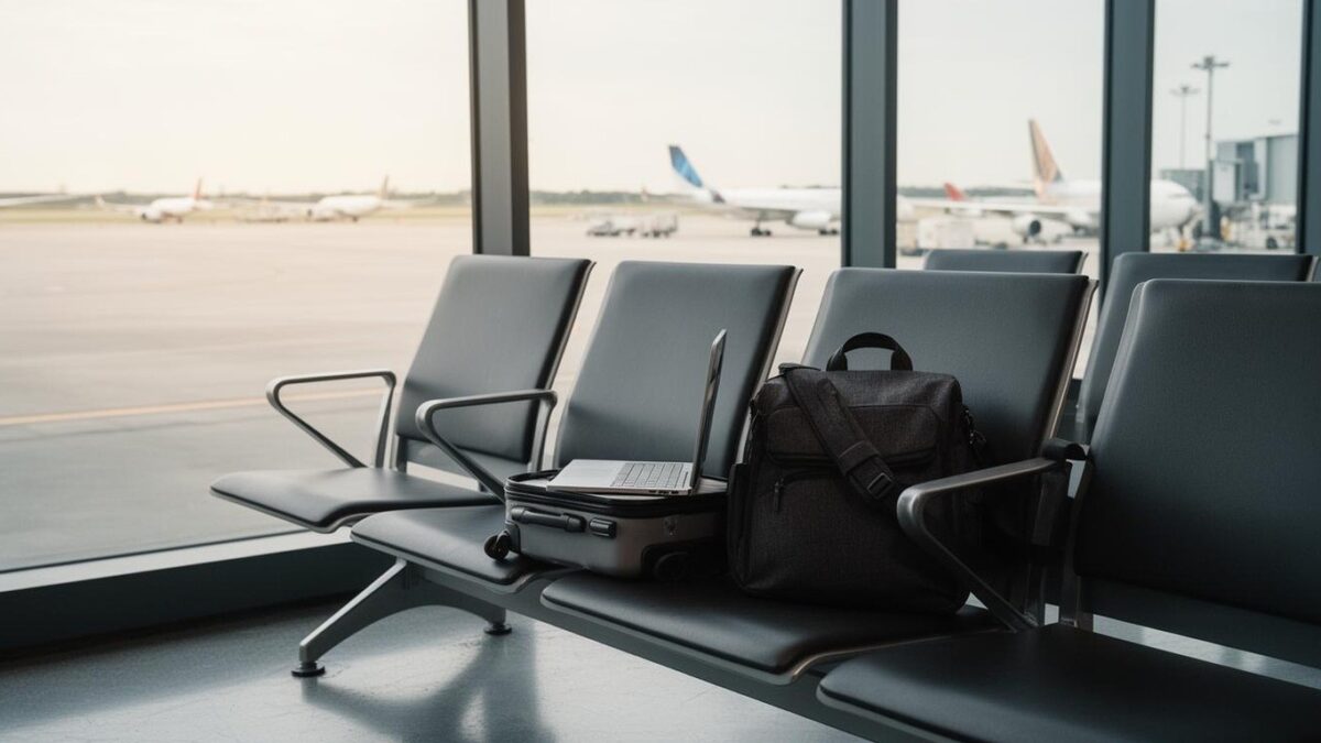 Airport gate seating area with a suitcase and laptop bag in soft light