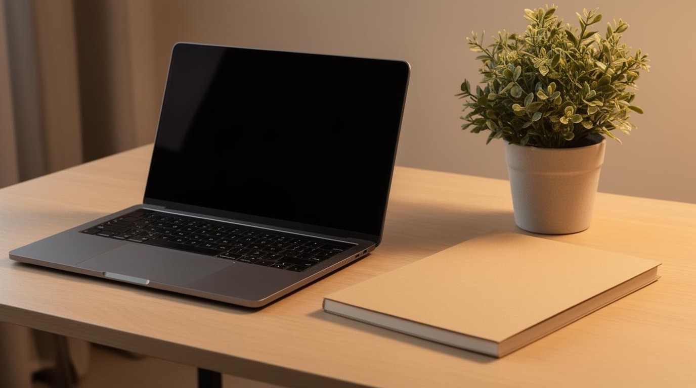 Hand-sized notebook and a closed laptop on a tidy desk with a small potted plant