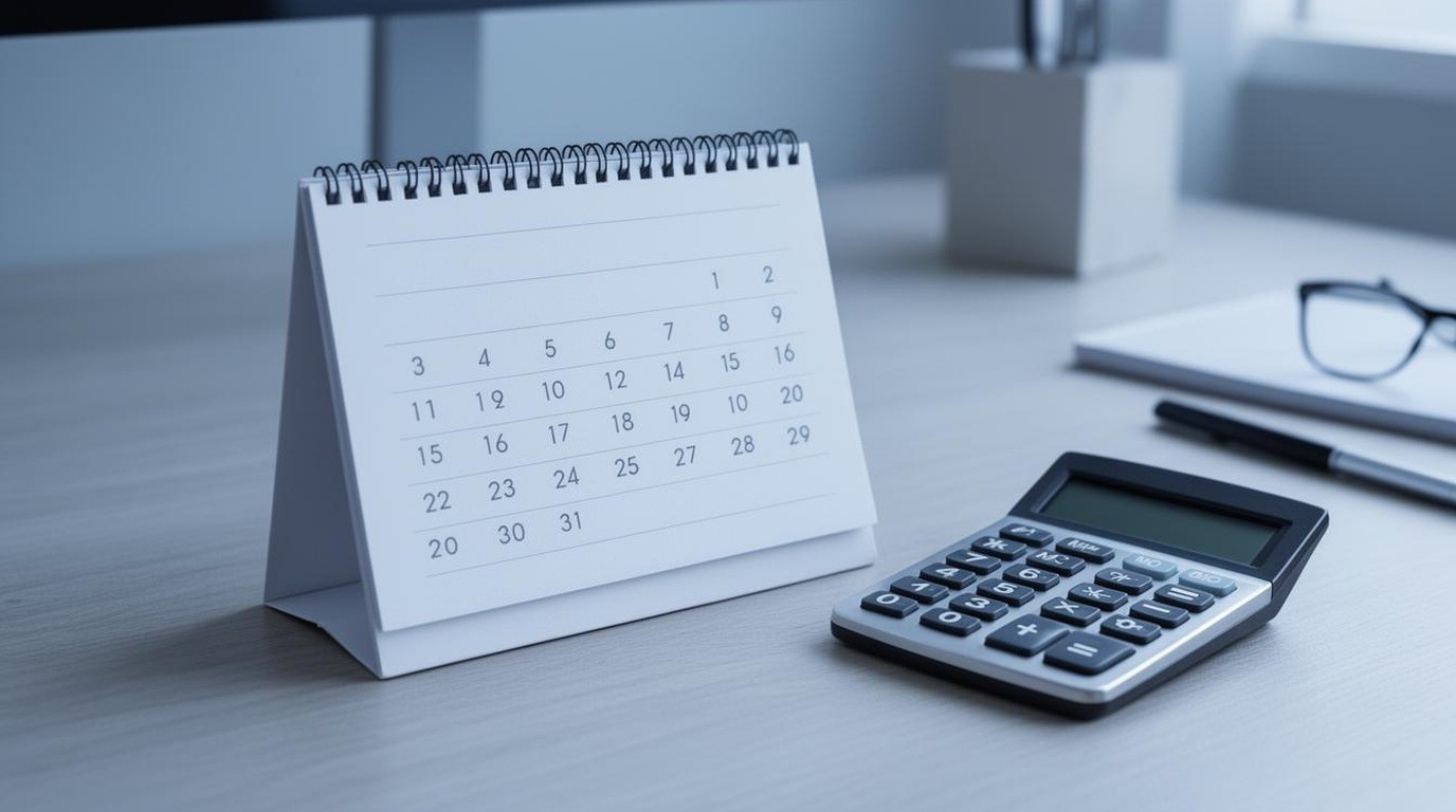 Calendar page and calculator on a desk in soft light